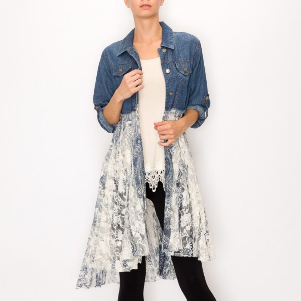 new DENIM SHIRT & LACE BOHEMIAN WESTERN VINTAGE duster cardigan kimono SM-3XL
